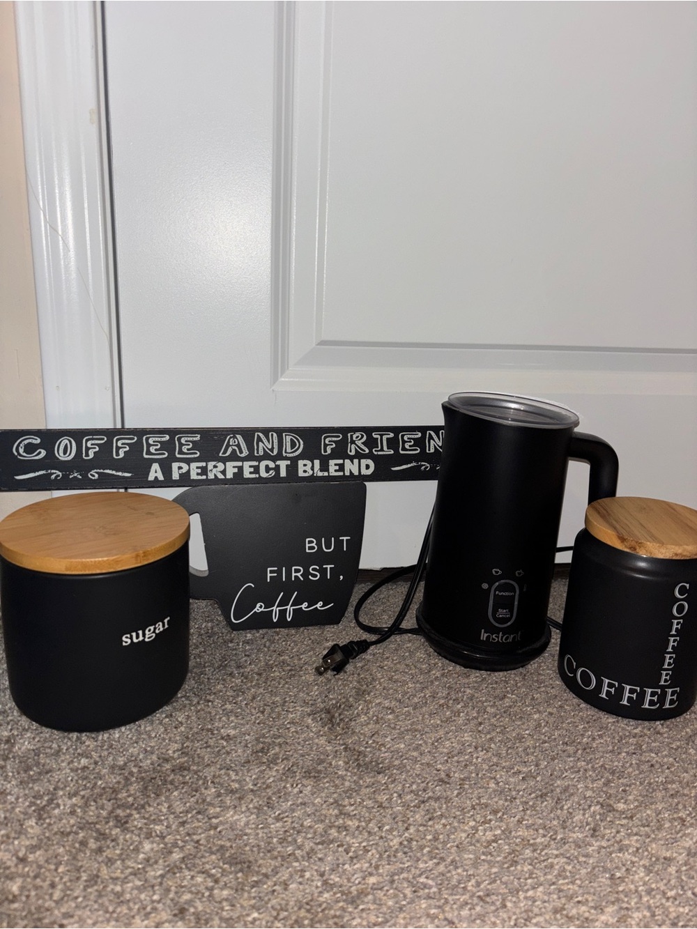 Black Milk Frother and Matching Black Kitchen Canister Coffee Bar Bundle